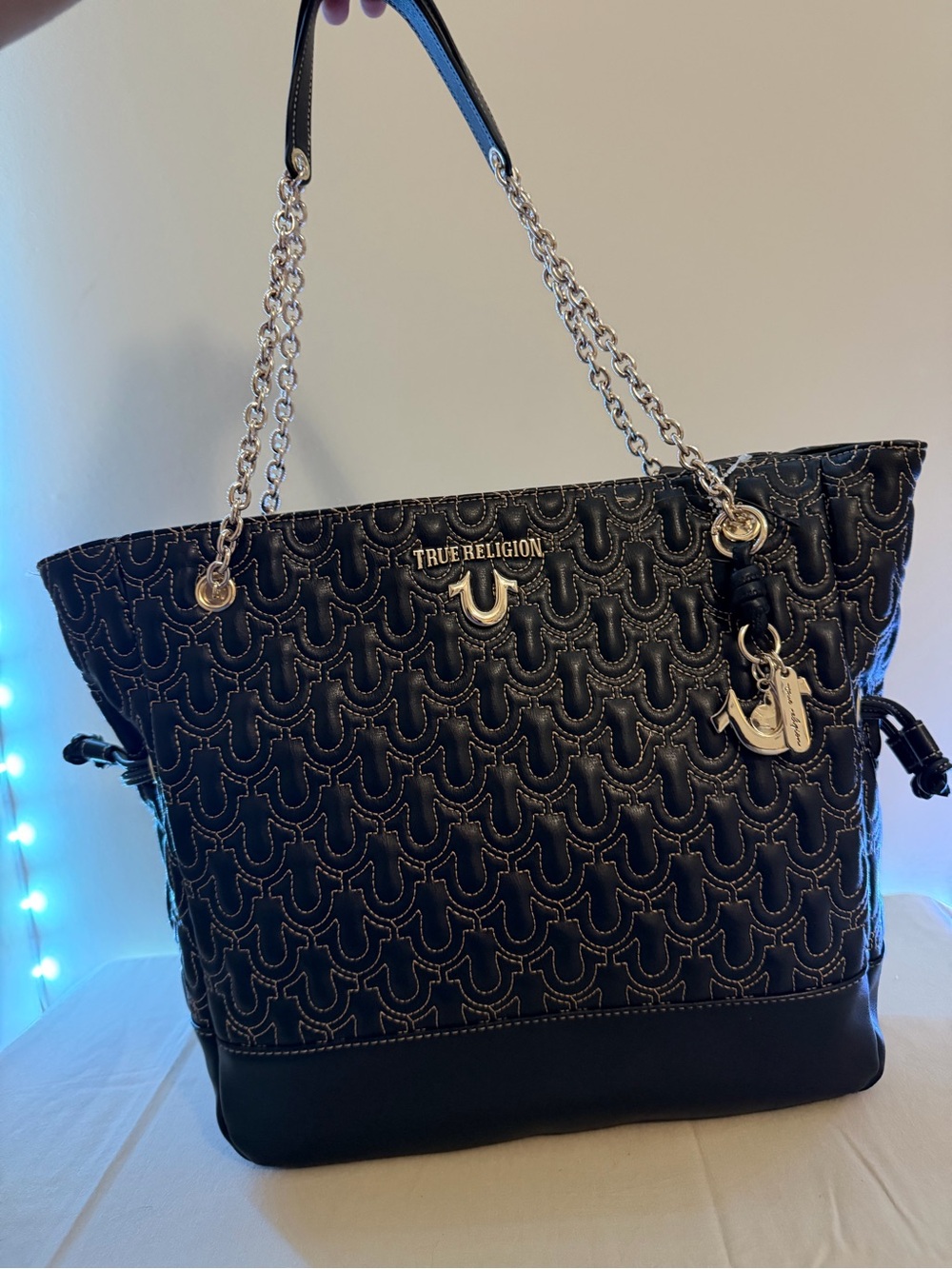 True Religion Black Quilted Tote with Silver Chain Straps